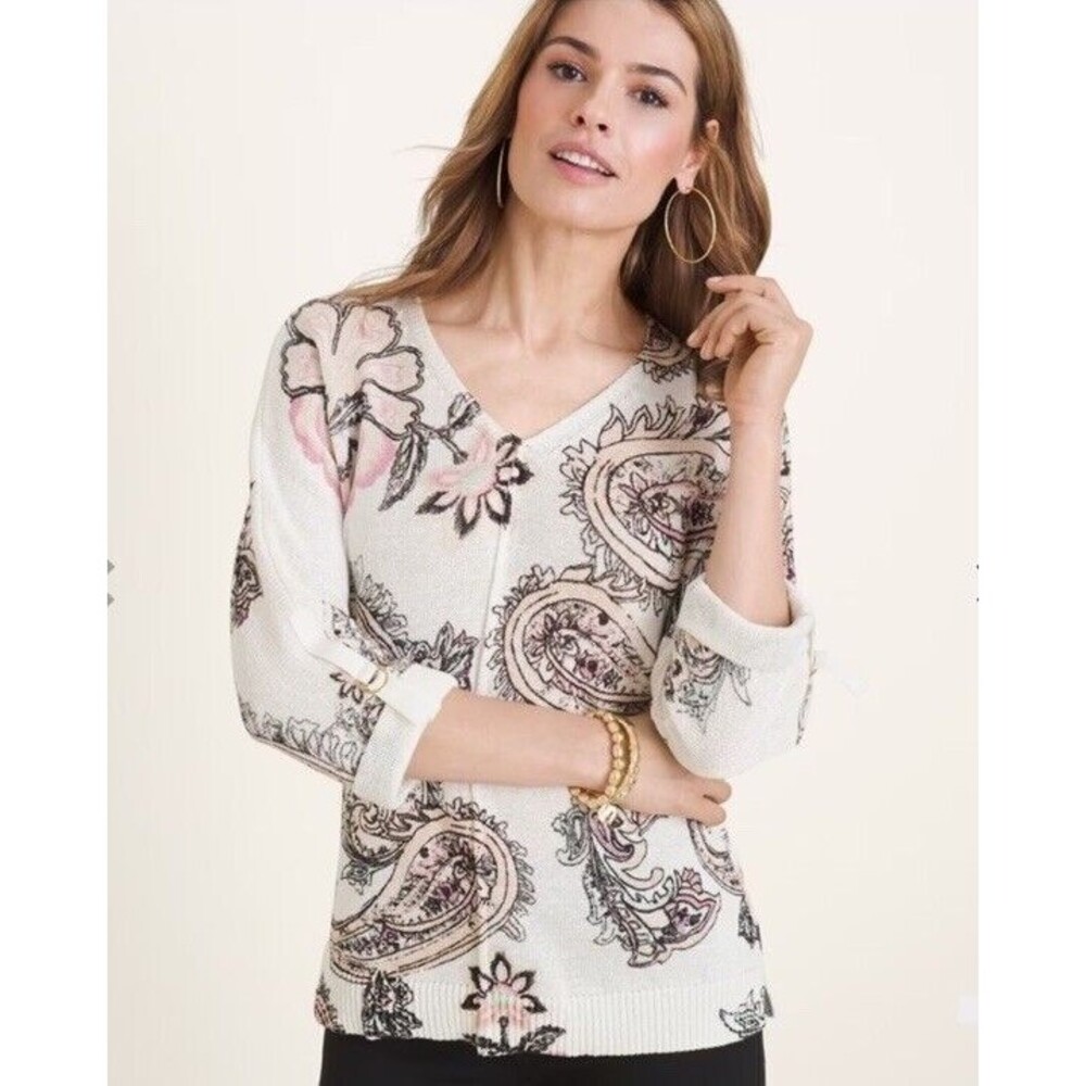Chico's Sweater Size 2 Large White Paisley Print Bohemian 3/4 Sleeve Rolled Knit